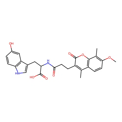 3-(5-hydroxy-1H-indol-3-yl)-2-(3-(7-methoxy-4,8-dimethyl-2-oxo-2H-chromen-3-yl)propanamido)propanoic acid structure