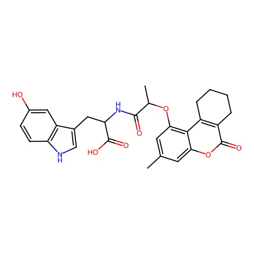 3-(5-hydroxy-1H-indol-3-yl)-2-(2-((3-methyl-6-oxo-7,8,9,10-tetrahydro-6H-benzo[c]chromen-1-yl)oxy)propanamido)propanoic acid structure