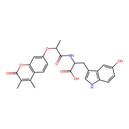 2-(2-((3,4-dimethyl-2-oxo-2H-chromen-7-yl)oxy)propanamido)-3-(5-hydroxy-1H-indol-3-yl)propanoic acid structure