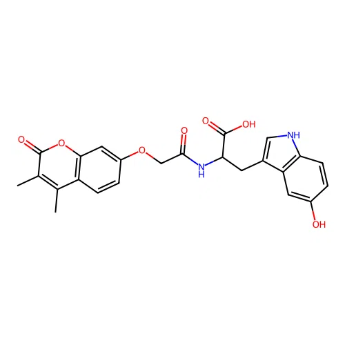 2-(2-((3,4-dimethyl-2-oxo-2H-chromen-7-yl)oxy)acetamido)-3-(5-hydroxy-1H-indol-3-yl)propanoic acid structure
