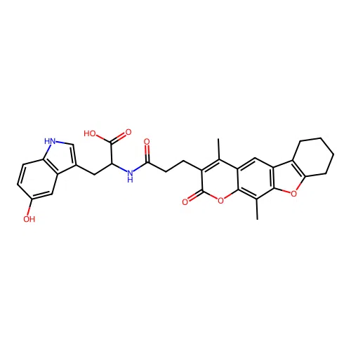 2-(3-(4,11-dimethyl-2-oxo-6,7,8,9-tetrahydro-2H-benzofuro[3,2-g]chromen-3-yl)propanamido)-3-(5-hydroxy-1H-indol-3-yl)propanoic acid structure
