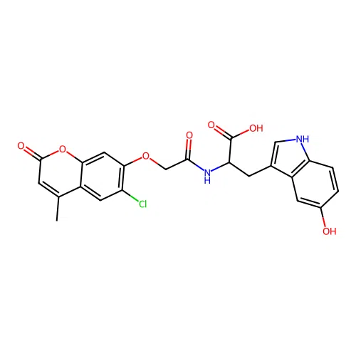 2-(2-((6-chloro-4-methyl-2-oxo-2H-chromen-7-yl)oxy)acetamido)-3-(5-hydroxy-1H-indol-3-yl)propanoic acid structure