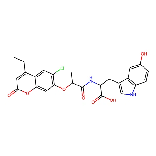2-(2-((6-chloro-4-ethyl-2-oxo-2H-chromen-7-yl)oxy)propanamido)-3-(5-hydroxy-1H-indol-3-yl)propanoic acid structure
