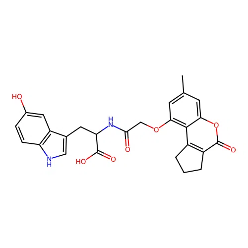 3-(5-hydroxy-1H-indol-3-yl)-2-(2-((7-methyl-4-oxo-1,2,3,4-tetrahydrocyclopenta[c]chromen-9-yl)oxy)acetamido)propanoic acid structure
