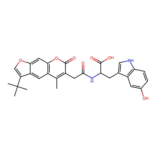 2-(2-(3-(tert-butyl)-5-methyl-7-oxo-7H-furo[3,2-g]chromen-6-yl)acetamido)-3-(5-hydroxy-1H-indol-3-yl)propanoic acid structure