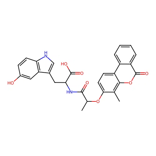 3-(5-hydroxy-1H-indol-3-yl)-2-(2-((4-methyl-6-oxo-6H-benzo[c]chromen-3-yl)oxy)propanamido)propanoic acid structure