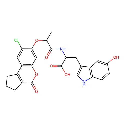2-(2-((8-chloro-4-oxo-1,2,3,4-tetrahydrocyclopenta[c]chromen-7-yl)oxy)propanamido)-3-(5-hydroxy-1H-indol-3-yl)propanoic acid structure