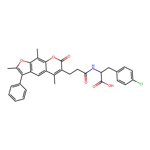 3-(4-chlorophenyl)-2-(3-(2,5,9-trimethyl-7-oxo-3-phenyl-7H-furo[3,2-g]chromen-6-yl)propanamido)propanoic acid structure