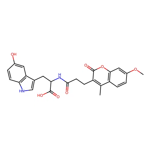 3-(5-hydroxy-1H-indol-3-yl)-2-(3-(7-methoxy-4-methyl-2-oxo-2H-chromen-3-yl)propanamido)propanoic acid structure