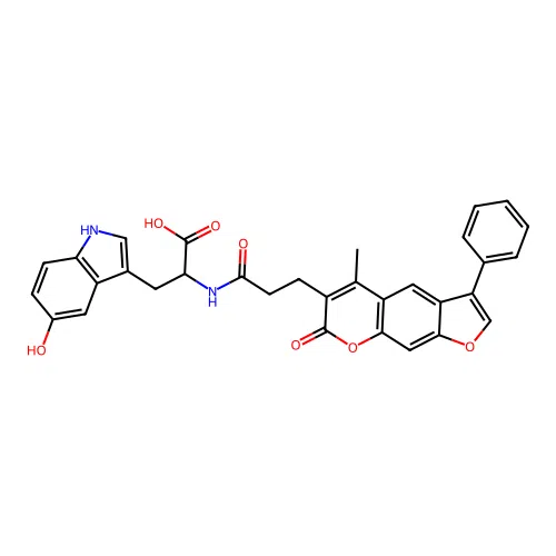 3-(5-hydroxy-1H-indol-3-yl)-2-(3-(5-methyl-7-oxo-3-phenyl-7H-furo[3,2-g]chromen-6-yl)propanamido)propanoic acid structure
