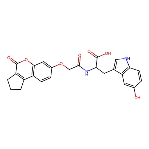 3-(5-hydroxy-1H-indol-3-yl)-2-(2-((4-oxo-1,2,3,4-tetrahydrocyclopenta[c]chromen-7-yl)oxy)acetamido)propanoic acid structure