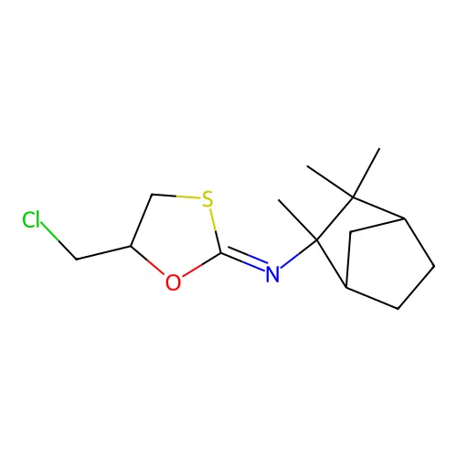 5-(chloromethyl)-N-(2,2,3-trimethyl-3-bicyclo[2.2.1]heptanyl)-1,3-oxathiolan-2-imine structure