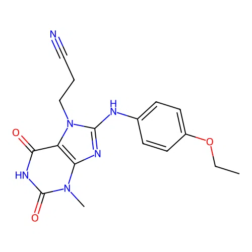 3-(8-((4-ethoxyphenyl)amino)-3-methyl-2,6-dioxo-2,3-dihydro-1H-purin-7(6H)-yl)propanenitrile structure