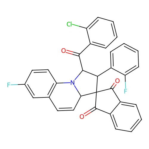 1'-[(2-chlorophenyl)carbonyl]-7'-fluoro-2'-(2-fluorophenyl)-1',2'-dihydro-3a'H-spiro[indene-2,3'-pyrrolo[1,2-a]quinoline]-1,3-dione structure