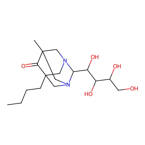 5-butyl-7-methyl-2-(1,2,3,4-tetrahydroxybutyl)-1,3-diazatricyclo[3.3.1.1~3,7~]decan-6-one structure