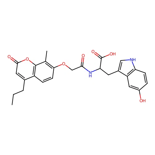 3-(5-hydroxy-1H-indol-3-yl)-2-(2-((8-methyl-2-oxo-4-propyl-2H-chromen-7-yl)oxy)acetamido)propanoic acid structure