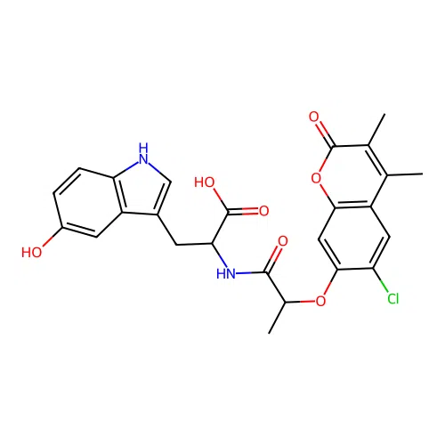 2-(2-((6-chloro-3,4-dimethyl-2-oxo-2H-chromen-7-yl)oxy)propanamido)-3-(5-hydroxy-1H-indol-3-yl)propanoic acid structure