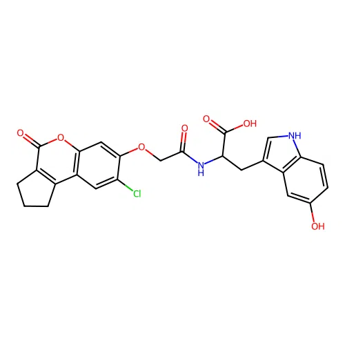 2-(2-((8-chloro-4-oxo-1,2,3,4-tetrahydrocyclopenta[c]chromen-7-yl)oxy)acetamido)-3-(5-hydroxy-1H-indol-3-yl)propanoic acid structure