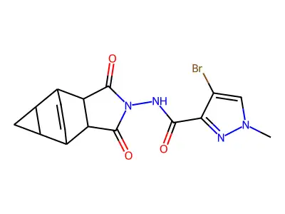 4-bromo-N-(3,5-dioxo-4-azatetracyclo[5.3.2.0~2,6~.0~8,10~]dodec-11-en-4-yl)-1-methyl-1H-pyrazole-3-carboxamide structure