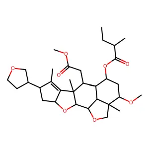 2H,3H-Cyclopenta(d')naphtho(1,8-bc:2,3-b')difuran-6-acetic acid,     2a,4,5,5a,6,6a,8,9,9a,10a,10b,10c-dodecahydro-3-methoxy-2a,5a,6a,7-tetramethyl-5-(2-methyl-1-oxobutoxy)-8-(tetrahydro-3-furanyl)-, methyl ester structure