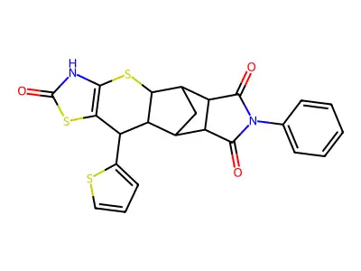(4aR,5R,5aR,8aR,9S)-7-phenyl-10-(thiophen-2-yl)-5,5a,8a,9,9a,10-hexahydro-5,9-methanothiazolo[5',4':5,6]thiopyrano[2,3-f]isoindole-2,6,8(3H,4aH,7H)-trione structure