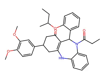 9-(3,4-dimethoxyphenyl)-5-propanoyl-6-(2-sec-butoxyphenyl)-8,9,10,11-tetrahydro-6H-benzo[b][1,4]benzodiazepin-7-one structure
