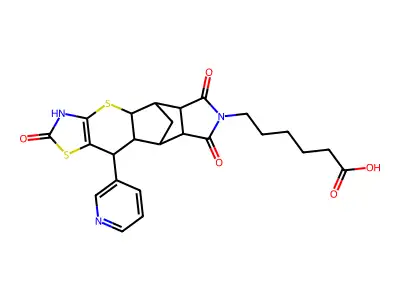 6-(2,6,8-trioxo-10-pyridin-3-yl-3,4a,5,5a,6,8,8a,9,9a,10-decahydro-5,9-methano[1,3]thiazolo[5',4':5,6]thiopyrano[2,3-f]isoindol-7(2H)-yl)hexanoic acid structure