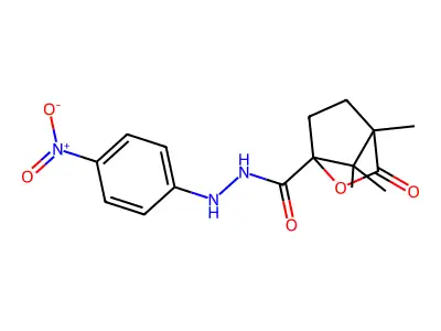 4,7,7-trimethyl-N'-(4-nitrophenyl)-3-oxo-2-oxabicyclo[2.2.1]heptane-1-carbohydrazide structure