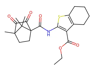 ethyl 2-{[(4,7,7-trimethyl-2,3-dioxobicyclo[2.2.1]hept-1-yl)carbonyl]amino}-4,5,6,7-tetrahydro-1-benzothiophene-3-carboxylate structure