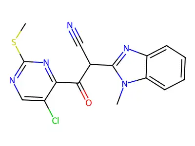 3-(5-chloro-2-methylsulfanylpyrimidin-4-yl)-2-(1-methylbenzimidazol-2-yl)-3-oxopropanenitrile structure