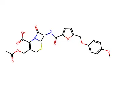 3-(acetoxymethyl)-7-(5-((4-methoxyphenoxy)methyl)furan-2-carboxamido)-8-oxo-5-thia-1-azabicyclo[4.2.0]oct-2-ene-2-carboxylic acid structure