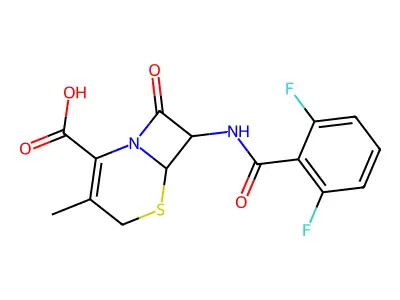 7-[(2,6-difluorobenzoyl)amino]-3-methyl-8-oxo-5-thia-1-azabicyclo[4.2.0]oct-2-ene-2-carboxylic acid structure