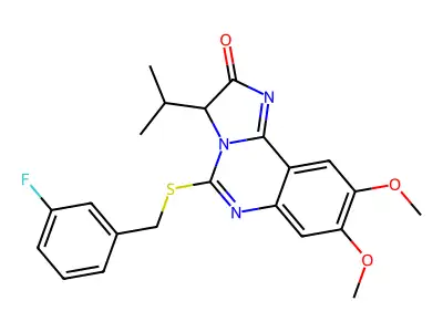 5-[(3-fluorobenzyl)sulfanyl]-3-isopropyl-8,9-dimethoxyimidazo[1,2-c]quinazolin-2(3H)-one structure