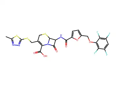 3-(((5-methyl-1,3,4-thiadiazol-2-yl)thio)methyl)-8-oxo-7-(5-((2,3,5,6-tetrafluorophenoxy)methyl)furan-2-carboxamido)-5-thia-1-azabicyclo[4.2.0]oct-2-ene-2-carboxylic acid structure