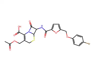 3-[(acetyloxy)methyl]-7-[({5-[(4-bromophenoxy)methyl]furan-2-yl}carbonyl)amino]-8-oxo-5-thia-1-azabicyclo[4.2.0]oct-2-ene-2-carboxylic acid structure