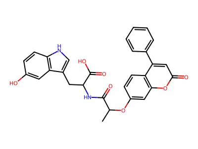 5-hydroxy-N-{2-[(2-oxo-4-phenyl-2H-chromen-7-yl)oxy]propanoyl}tryptophan structure