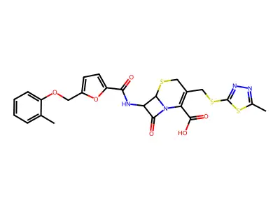 3-(((5-methyl-1,3,4-thiadiazol-2-yl)thio)methyl)-8-oxo-7-(5-((o-tolyloxy)methyl)furan-2-carboxamido)-5-thia-1-azabicyclo[4.2.0]oct-2-ene-2-carboxylic acid structure