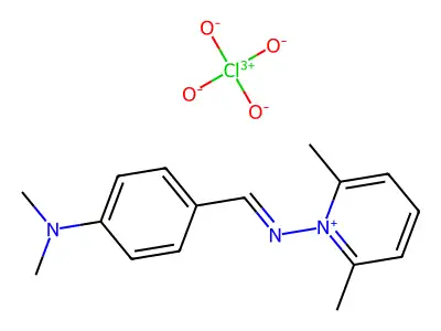 4-[(2,6-dimethylpyridin-1-ium-1-yl)iminomethyl]-N,N-dimethylaniline perchlorate structure