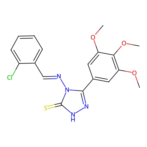 (E)-4-((2-chlorobenzylidene)amino)-5-(3,4,5-trimethoxyphenyl)-4H-1,2,4-triazole-3-thiol structure