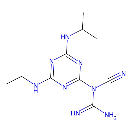 1-Cyano-1-[4-(ethylamino)-6-(propan-2-ylamino)-1,3,5-triazin-2-yl]guanidine structure