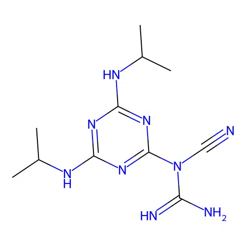 1-[4,6-Bis(propan-2-ylamino)-1,3,5-triazin-2-yl]-1-cyanoguanidine structure