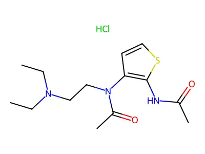 Acetamide, N-(2-(acetylamino)-3-thienyl)-N-(2-(diethylamino)ethyl)-, monohydrochloride structure
