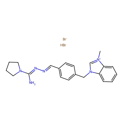 1-((4-(((Imino-1-pyrrolidinylmethyl)hydrazono)methyl)phenyl)methyl)-3-methyl-1H-benzimidazolium bromide, monohydrobromide structure