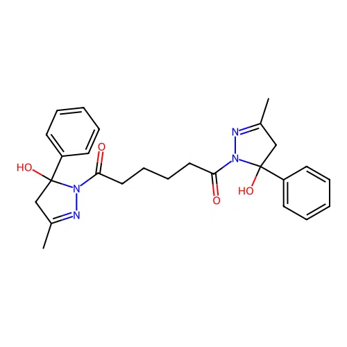 1,6-bis(5-hydroxy-3-methyl-5-phenyl-4,5-dihydro-1H-pyrazol-1-yl)hexane-1,6-dione structure