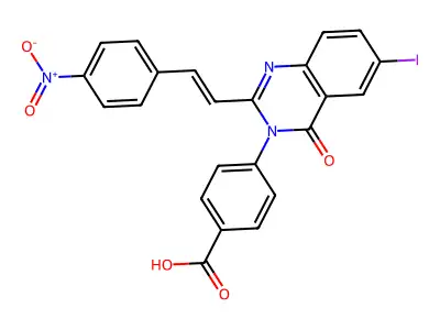 Benzoic acid, 4-[6-iodo-2-[(1E)-2-(4-nitrophenyl)ethenyl]-4-oxo-3(4H)-quinazolinyl]- structure