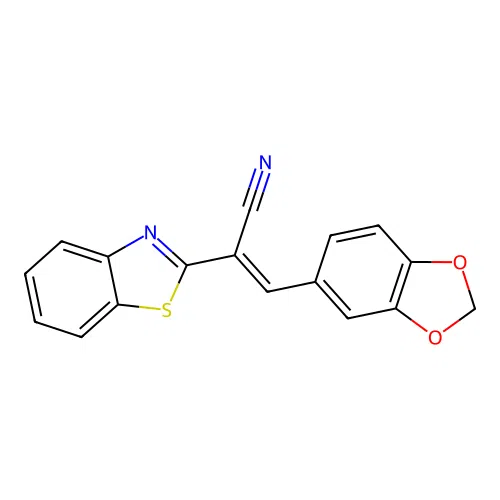 (E)-3-(1,3-benzodioxol-5-yl)-2-(1,3-benzothiazol-2-yl)prop-2-enenitrile structure