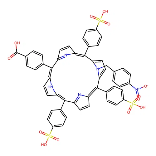 N-4-Nitrobenzyl-5-(4-carboxyphenyl)-10,15,20-tris(4-sulfophenyl)porphine structure