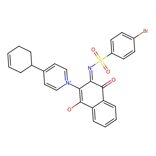 3-(4-bromophenyl)sulfonylimino-2-(4-cyclohex-3-en-1-ylpyridin-1-ium-1-yl)-4-oxonaphthalen-1-olate structure