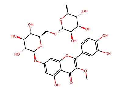 3',4',5,7-tetrahydroxy-3-methoxyflavone-7-O-alpha-L-rhamnopyranosyl-(1->6)-beta-D-glucopyranoside structure