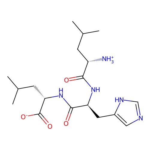 (2S)-2-[[(2S)-2-[[(2S)-2-azaniumyl-4-methylpentanoyl]amino]-3-(1H-imidazol-5-yl)propanoyl]amino]-4-methylpentanoate structure